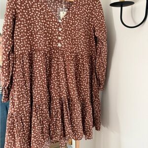 Rylee + Cru Rust Brown Mini Dress with White Floral Print